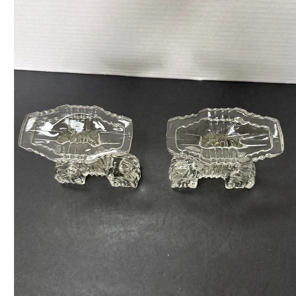 VTG Anchor Hocking Art Deco Clear Glass Queen Mary Double Candle Holder Pair